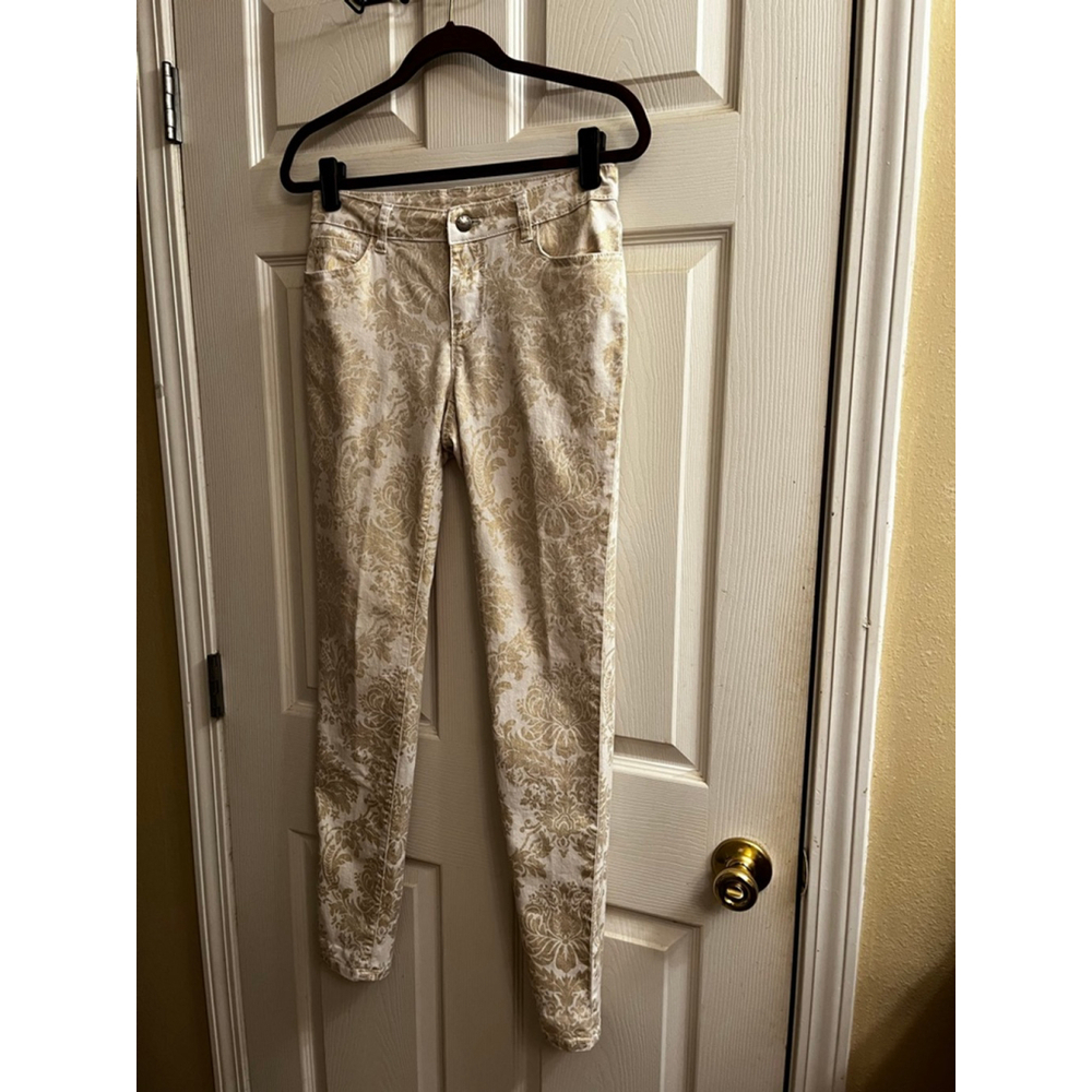 GOLD DAMASK JEANS~AZI~Skinny Jeans~White/Gold~Damask Print~4-6 - Picture 4 of 11